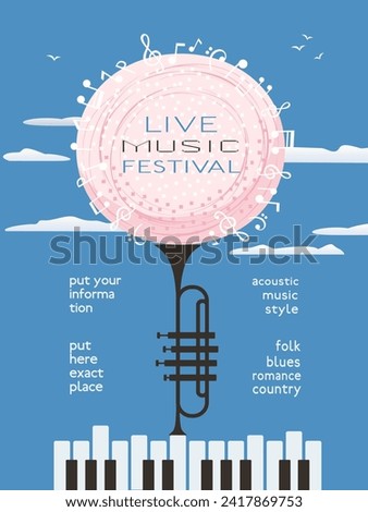 Live Music Festival minimal design vector poster. Piano, trumpet silhouette, blooming tree cartoon illustration. Musical show advertisement template. Spring live sound concert flyer, banner background