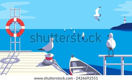 Seascape with seagulls, sailboat pier on sea coast vector illustration. Seaside holiday vacation travel poster background. Ocean bay scenic view of seabirds, yachts, sailing boats flat minimal design