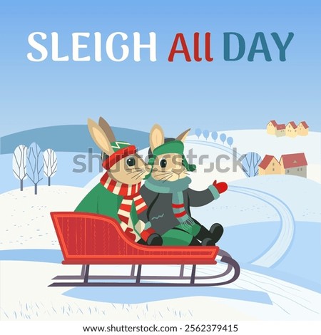 Sleigh all day winter fun vector poster. Cute bunnies sliding down snowy hill cartoon illustration. Happy sledding outdoor enjoy invitation banner template background. Fancy wintertime holiday quote