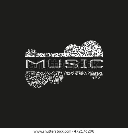 Template Design Poster with doodle acoustic guitar silhouette. Vintage music icon. Black white musical instrument logo in Swiss international style. Modern Memphis pattern. Vector illustration