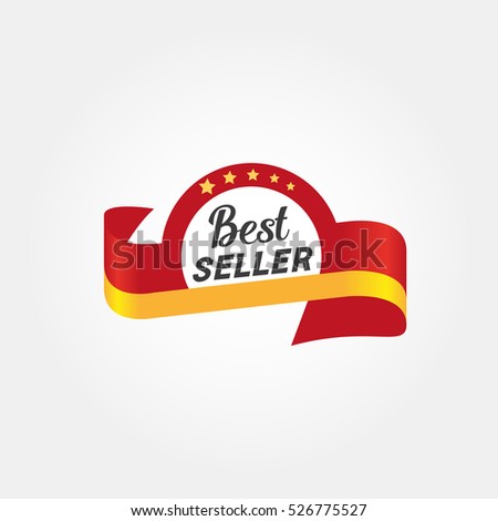 Best seller badge icon isolated concept. Freehand drawn awarding logo sign template. Round wreath shape frame with stars and red ribbon emblem. Vector design idea of retail advertisement label symbol