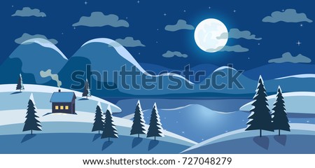 Winter nature landscape. Mountain river in night snowy valley. Rural house in snow. Frozen lake view, snowy hills in full moon. Countryside frost scene background. Cartoon outdoors vector Illustration