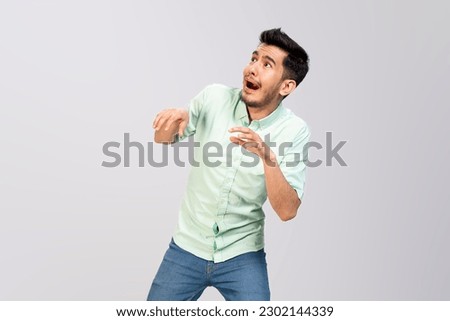 young man is afraid of fear , scared in casual clothes , wearing white shirt negative emotion ,isolated on white background Сток-фото © 
