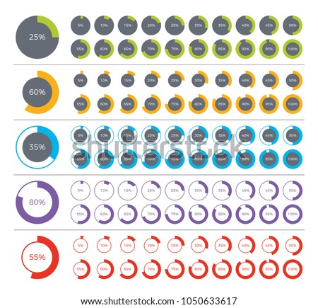 Set of pie chart infographic elements. 0, 5, 10, 15, 20, 25, 30, 35, 40, 45, 50, 55, 60, 65, 70, 75, 80, 85, 90, 95, 100 percents.