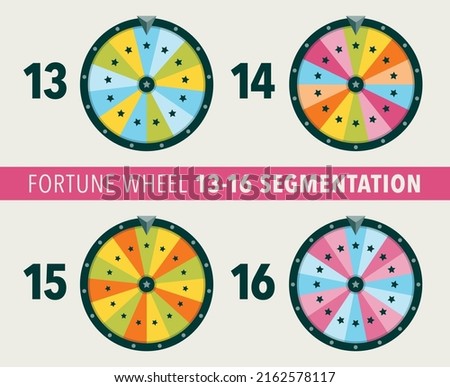 Collection of fortune wheel flat illustrations. 13, 14, 15 and 16 segmentation fortune wheel lottery object. Empty isolated colorful wheels of fortune. ストックフォト © 