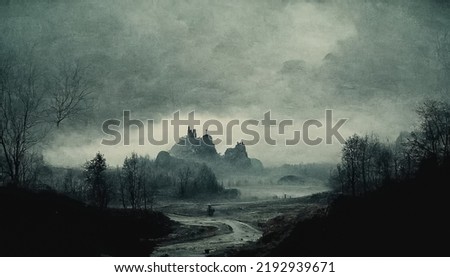 Gloomy atmospheric dark realistic landscape. Mystic, horror, spooky, scary, surreal, dramatic scene. Monochrome Halloween background. 3D illustration. Сток-фото © 