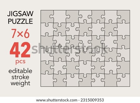 Empty jigsaw puzzle grid template, 7x6 shapes, 42 pieces. Separate matching puzzle elements. Flat vector illustration layout, every piece is a single shape.