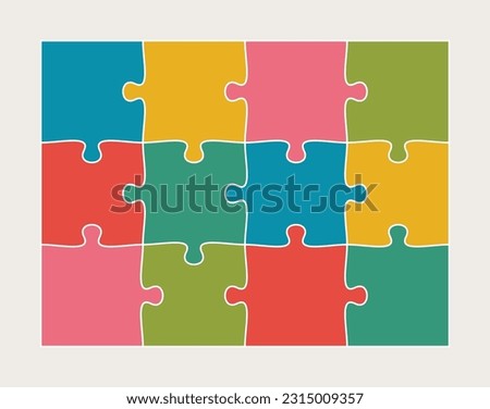 Twelve connected jigsaw puzzle parts flat vector illustration. Infographic template with separate matching pieces. Teamwork concept.