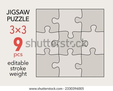 Empty jigsaw puzzle grid template, 3x3 shapes, 9 pieces. Separate matching puzzle elements. Flat vector illustration layout, every piece is a single shape.