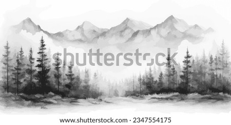 Hand drawn mountain range nature landscape. Grayscale abstract panorama with rocky mountains skyline. Vector illustration.