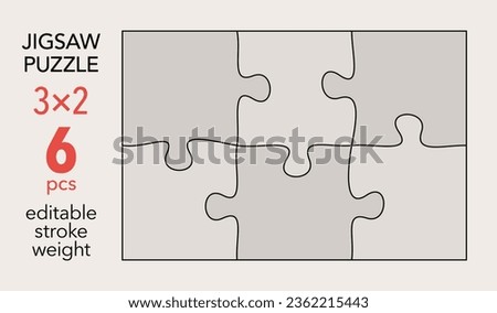 Empty jigsaw puzzle grid template, 3x2 shapes, 6 pieces. Separate matching irregularly elements. Flat vector illustration layout, every piece is a single shape.
