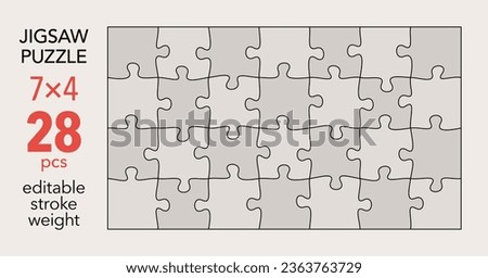 Empty jigsaw puzzle grid template, 7x4 shapes, 28 pieces. Separate matching irregularly elements. Flat vector illustration layout, every piece is a single shape.