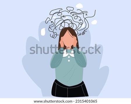 Woman headache or anxiety attack crisis.Frustrated woman with nervous problems.Feeling confused.Anxiety of depressed woman vector concept.Deep in thought.Head touching.vector illustration.