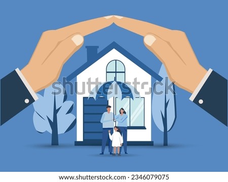 Home insurance property security concept. Car insurance agent money holding in hands of house, protection from harm, keep safe flat design illustration vector.