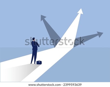 businessman standing in front of a crossroad with road split in three different ways as arrows. vector illustration