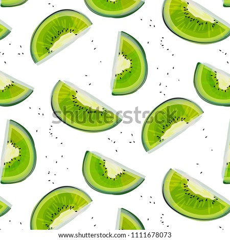 Vector hand drawn abstract tropical pattern of exotic fruit kiwi. Green fruit illustration. Bright kivi desert abstract drawing. Tropical vegeterian food design element.