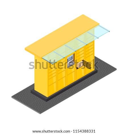 Vector isometric post automat illustration. Postomat branded self-service boxes. Modern technology delivery service machine. Automation service software office. Commerce sign