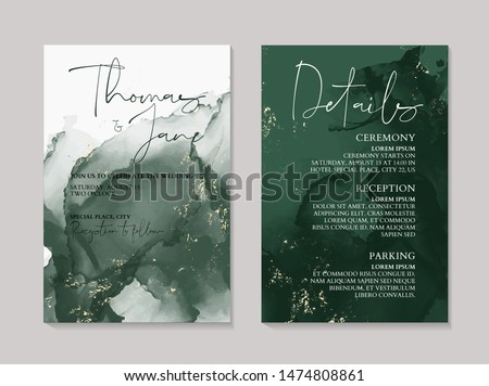 Wedding green luxury invitation cards with gold  marble texture background and Abstract emerald style vector design template.