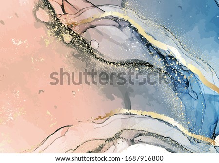 Oriental gold ink background. Contemporary abstract liquid watercolor marble backdrop. Oriental wallpaper gold design. Metallic gold pastel water design. Vector.