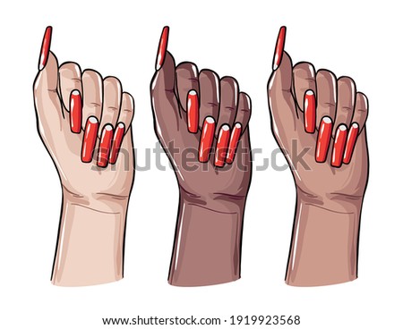 Acrylic Coffin nails,  fake false gel manicure art. Nail care art, beauty and spa center procedure. Vector racial divercity women hands, nail polish sign advertising 