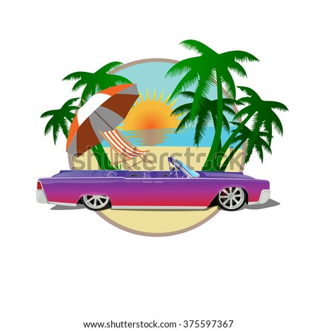 Vector car cadillac with palms, beach, sun. Miami automotive travel illustration. Leisure vacation in America print. Auto cabriolet decoration