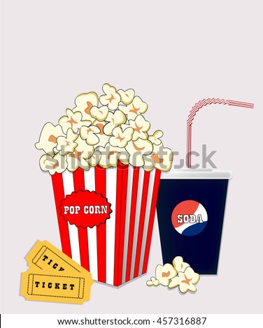 Cinema concept poster with popcorn, soda and tickets, realistic detailed vector illustration. Film fast meal. To go drink, Takeout jumbo box. Cinematography set