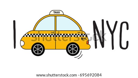 Yellow cab retro clipart on a white background. I love New York. Modern city print with car. Vector cartoon automobile travel design. Taxi NYC