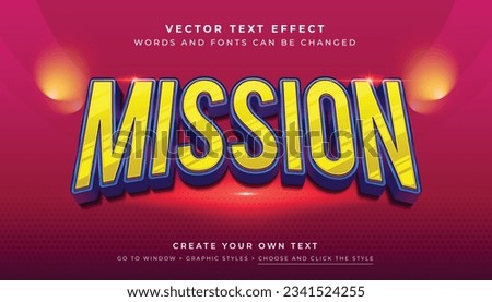 Vector Editable 3D yellow mission text effect. Game space mission graphic style on red background