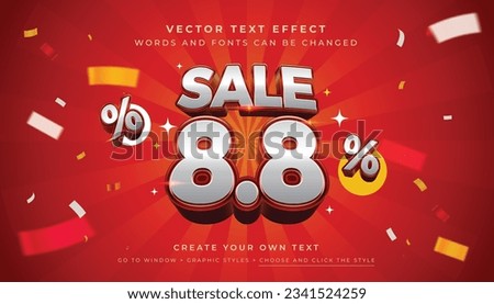 Vector Editable 3D silver discount sale text effect. August 8.8 typography graphic style on red background