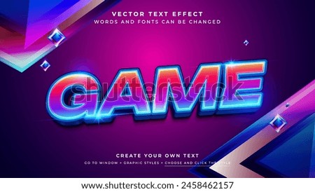 Vibrant neon game text effect on blue purple background, vector graphic styles