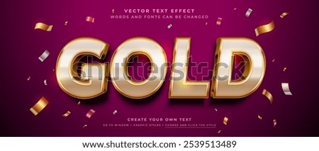 Gold 3d text effect with confetti on red abstract background, vector graphic style