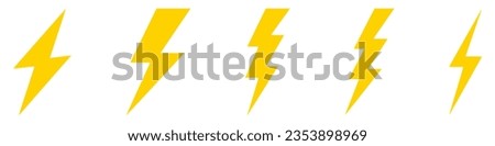 Vector electric lightning bolt logo set isolated on white background for electric power symbol, poster, t shirt. Thunder icon. Storm pictogram.