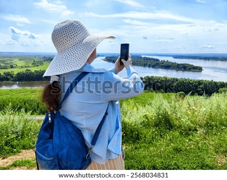 Image, Stock Photo Bright river landscape under cloudy sky with houses and buildings o city