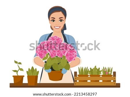 Florist working in her flower shop. Vector illustration isolated on white background