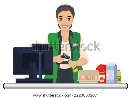 Supermarket female cashier working at checkout. Cash register worker. Vector illustration.