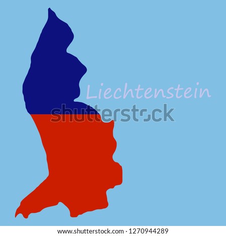 Map outline country shaped and flag of Liechtenstein, It is a horizontal bicolor of blue and red, charged with a gold crown in the canton with name text Principality of Liechtenstein.