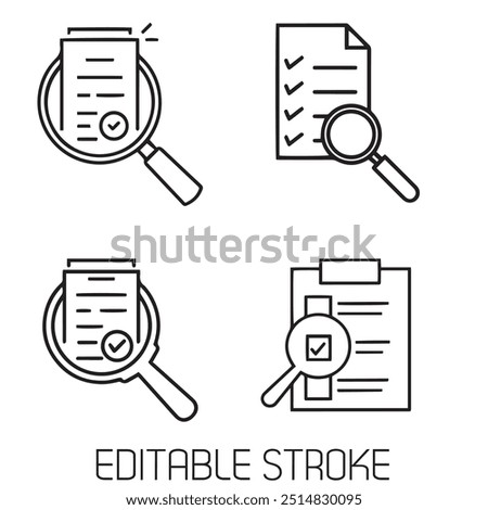 Review audit, overview risk icon set, verification business, thin line symbol for web and mobile phone on white background - editable stroke vector illustration.