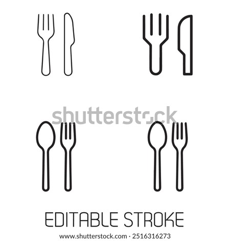 Knife fork and spoon tools set line icon vector illustration. Cook eat Icon Design on white background. Food eating editable stroke thin kitchenware tableware cut sharp serving dinner table cutlery.