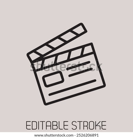 A sleek, minimalist vector design of a movie clapperboard (also known as a clapper, slate board, or film slate). This filmmaking icon features clean lines and an editable stroke.