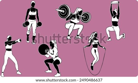 female vector silhouette athlete character, weightlifting, dumbbell lifting, barbell lifting, skipping rope medicine ball lifting, weight disk lifting