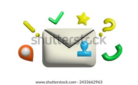 Closed 3d letter envelope with question, exclamation and check marks, phone, map pin and star vector illustration design. Template of message notification.