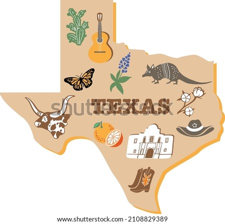 Texas map with vector symbols, animals, plants. Flat illustration