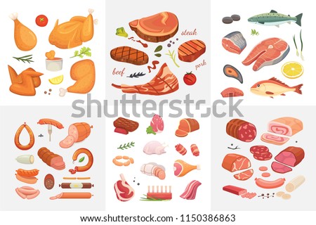 Different kind of meat food icons set vector. Raw ham, set grill chiken, piece of pork, meatloaf, whole leg, beef and sausages. Salmon fish and seafood.