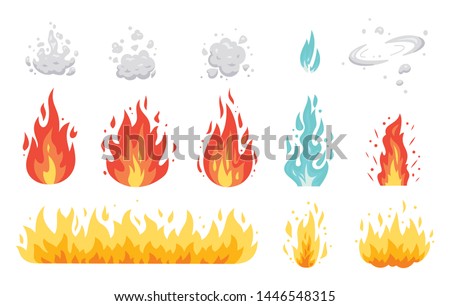 Fire flame vector icons in cartoon style. Flames of different shapes. Fireball set, flaming symbols.