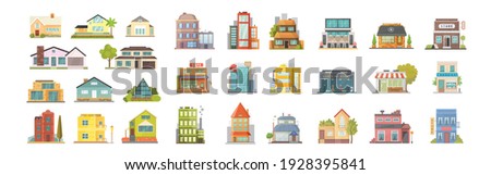 Set of different styles residential and city houses. City architecture retro and modern buildings. House front cartoon illustrations. Store building and Houses exterior collection.