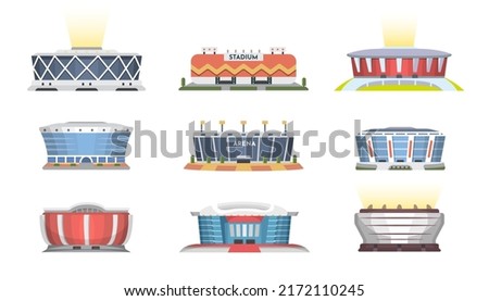 Sport stadium front view vector collection in cartoon style. City arena exterior illustration set.
