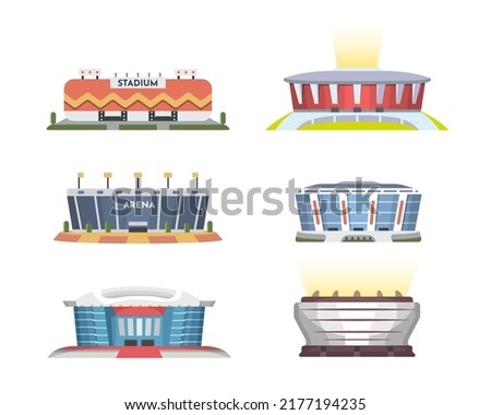 Sport stadium front view vector collection in cartoon style. City arena exterior illustration set.
