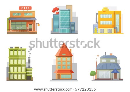 Flat design of retro and modern city houses. Old buildings, skyscrapers. colorful cottage building, cafe house.