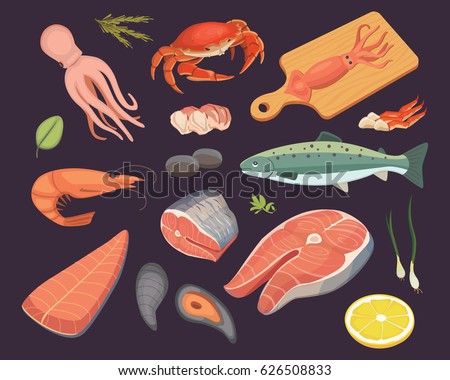 Vector Seafood illustrations set flat fresh fish and crab. Lobster and oyster, shrimp and menu, octopus animal, shellfish lemon