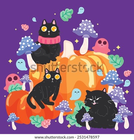 Three black cats with bright orange eyes sit playfully among pumpkins, spotted mushrooms, and cute little ghosts. The colorful leaves and sparkling stars add to the magical, Halloween-themed scene.